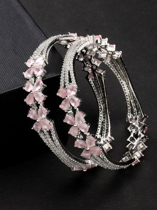 NVR Women's Set of 2 Silver-Plated American Diamond Handcrafted Bangles - Swadesiicart