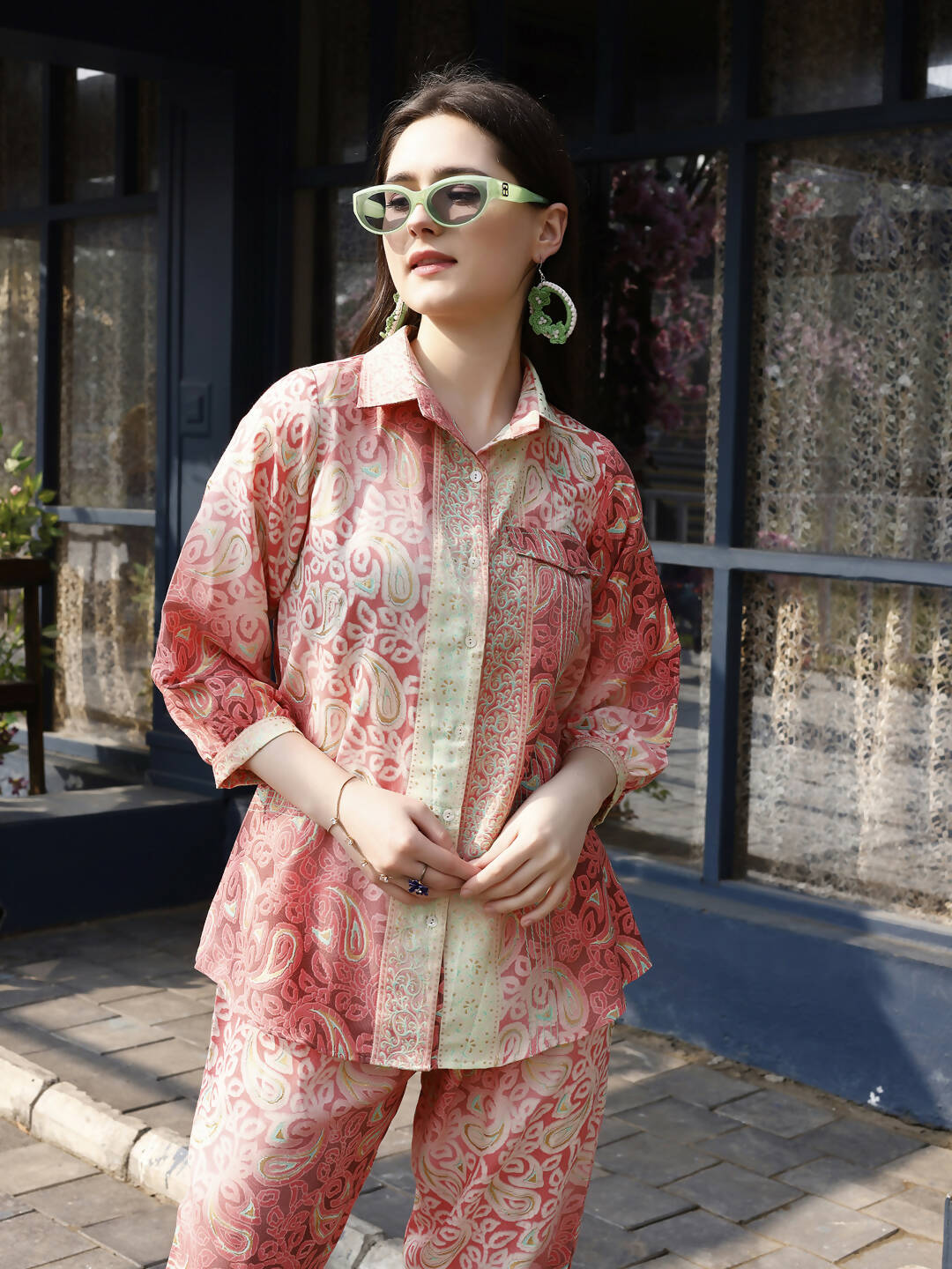 Red & Cream Rayon Paisley Printed Top with Matching Bottom - Eesha - Swadesiicart