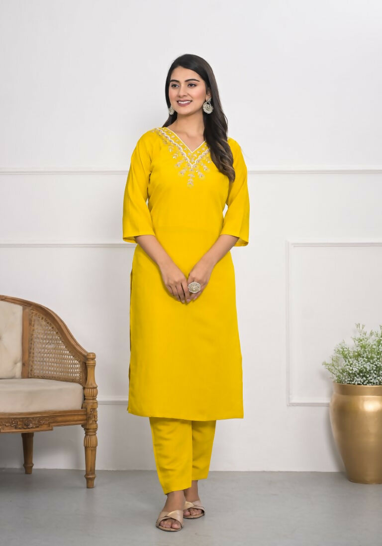 Yellow Viscose Silk Embroidery with Thread and sequence Stitched Suit With Dupatta - Tanisha | Swadesiicart