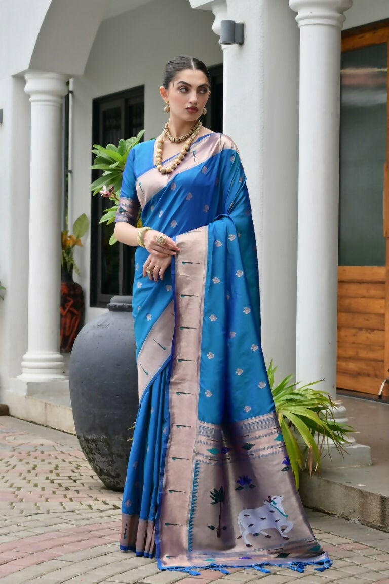 Vishnu Weaves Women's Rama Paithani Silk Zari Woven Saree with Blouse - Swadesiicart