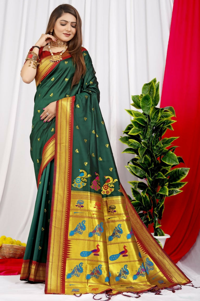 Jyoti Fashion Women's Bottle Green Paithani Silk Zari Woven Saree with Blouse | Swadesiicart