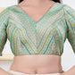 Joban Fashion Pista-Green Jacquard Elbow Sleeveless Back Open Blouse - Swadesiicart