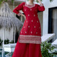 The52 Red Women's Gorgeous Embroidered Vichitra Silk Fabric Straight Kurta, Sharara and Dupatta Set - Swadesiicart