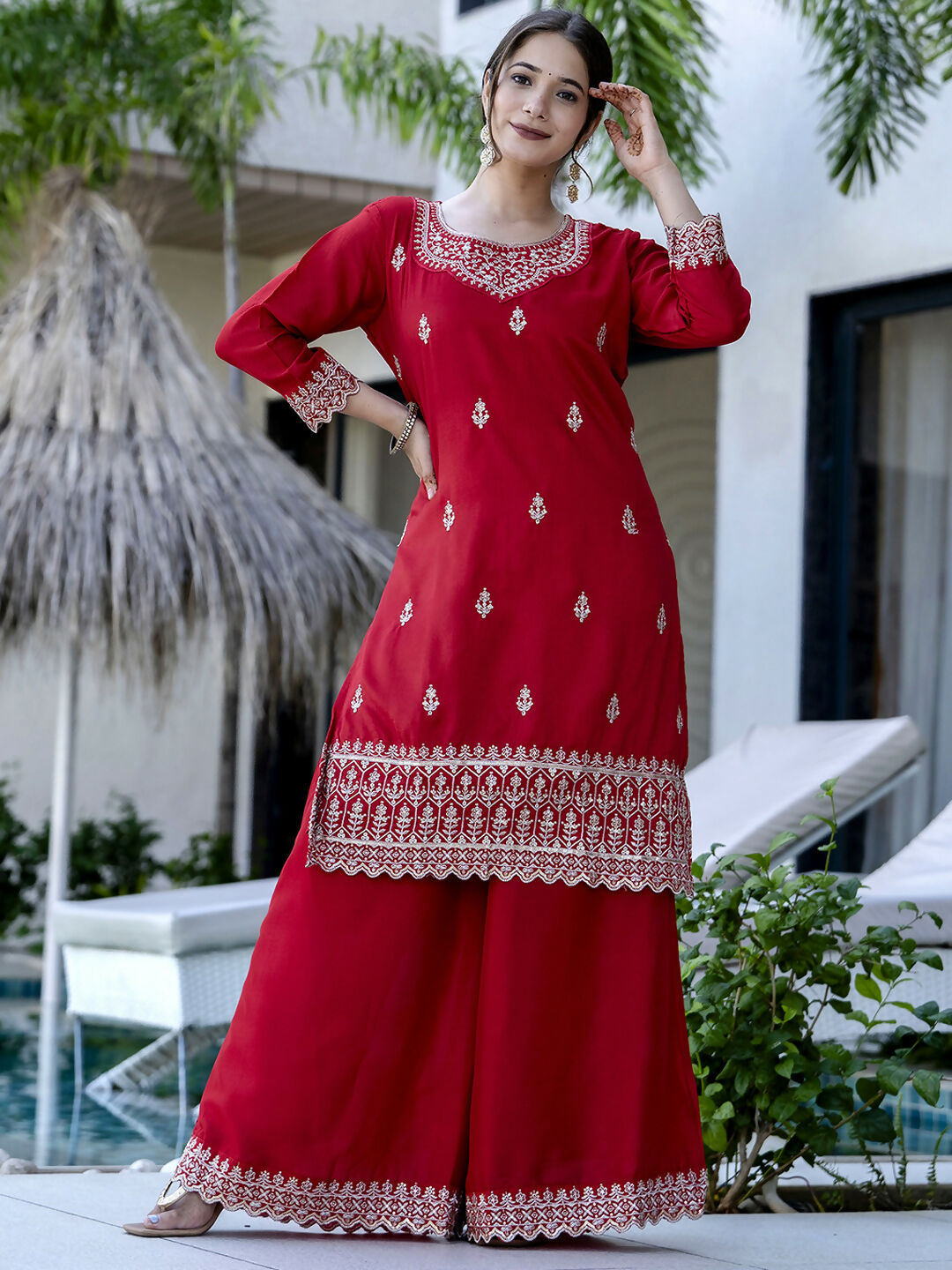 The52 Red Women's Gorgeous Embroidered Vichitra Silk Fabric Straight Kurta, Sharara and Dupatta Set - Swadesiicart