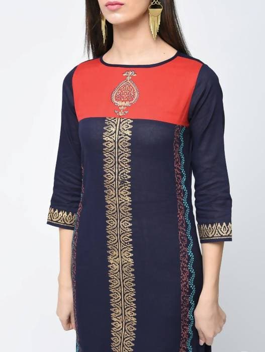 Aniyah Cotton Block Printed Stylish Blue Straight Kurta (AN-121K) - Swadesiicart
