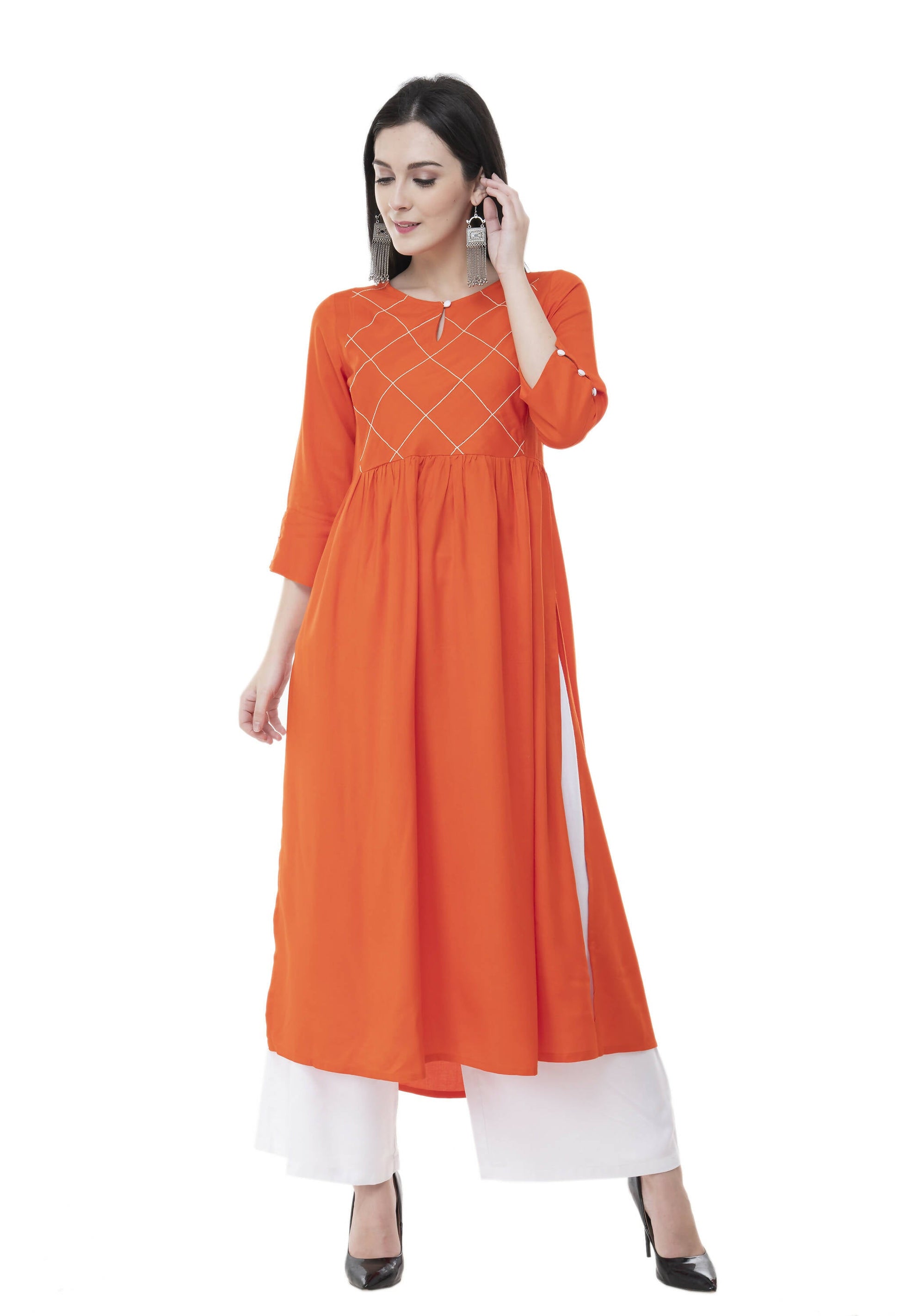 Women's Orange Thread Work Emb Kurti With Side Slits - G & A Apparels | Swadesiicart