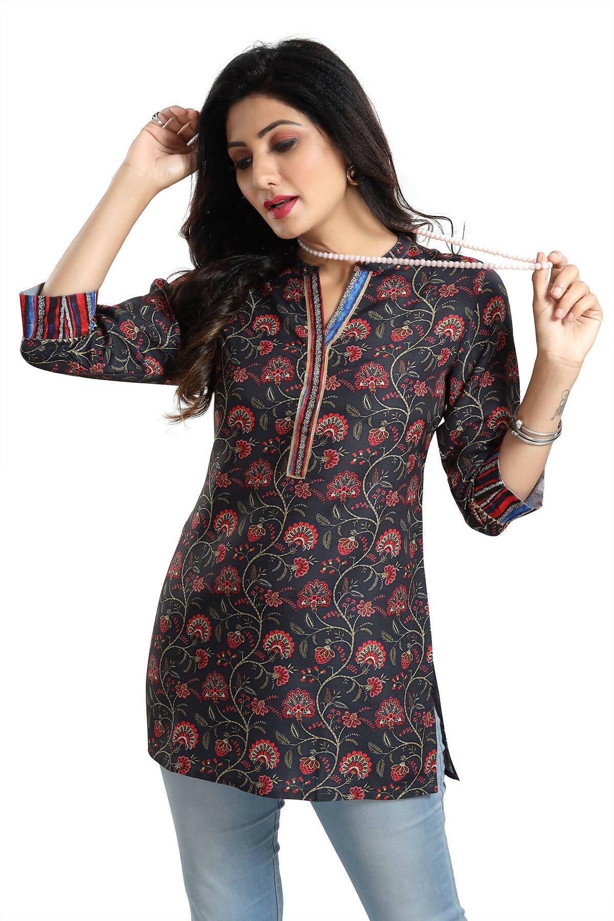 Snehal Creations Blissful Black Rayon Short Kurti Tunic Top - Snehal Creation Inc
