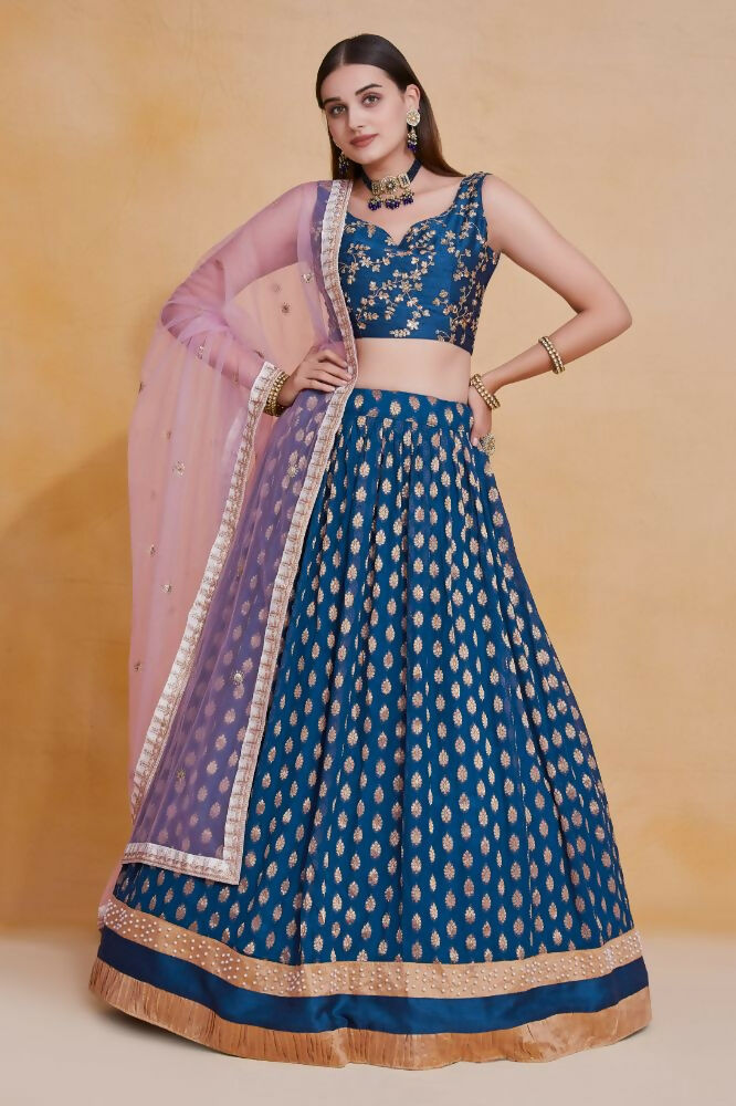 Teal Blue Zari Weaving Work Georgette Banarasi Lehenga Choli - Jihu Culture | Swadesiicart
