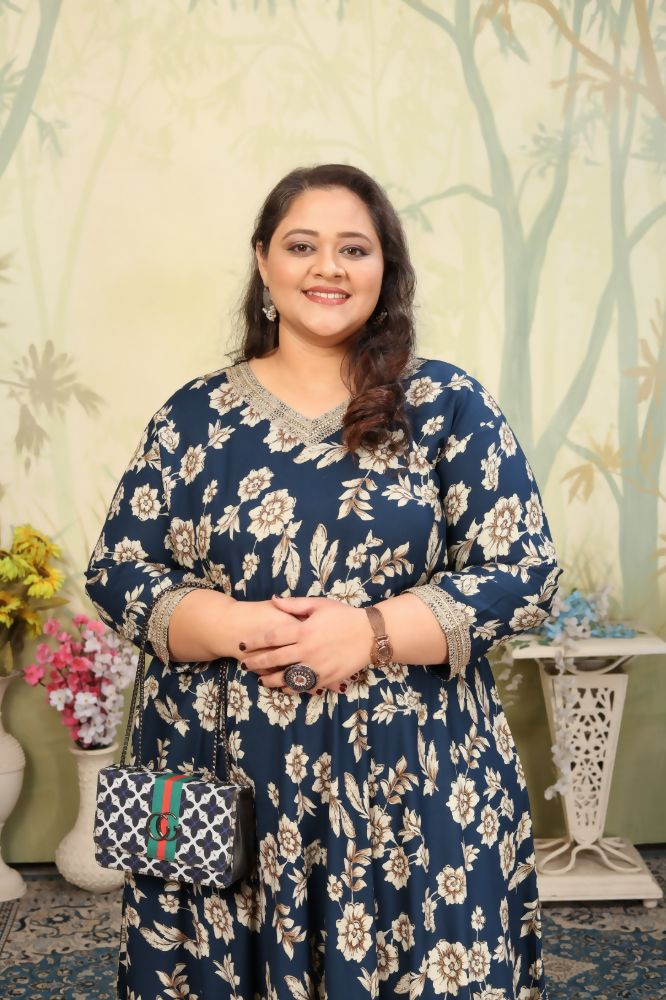 Jyoti Fashion Women's Navy Blue Rayon Floral Print with Sequins Designer Anarkali Set | Swadesiicart
