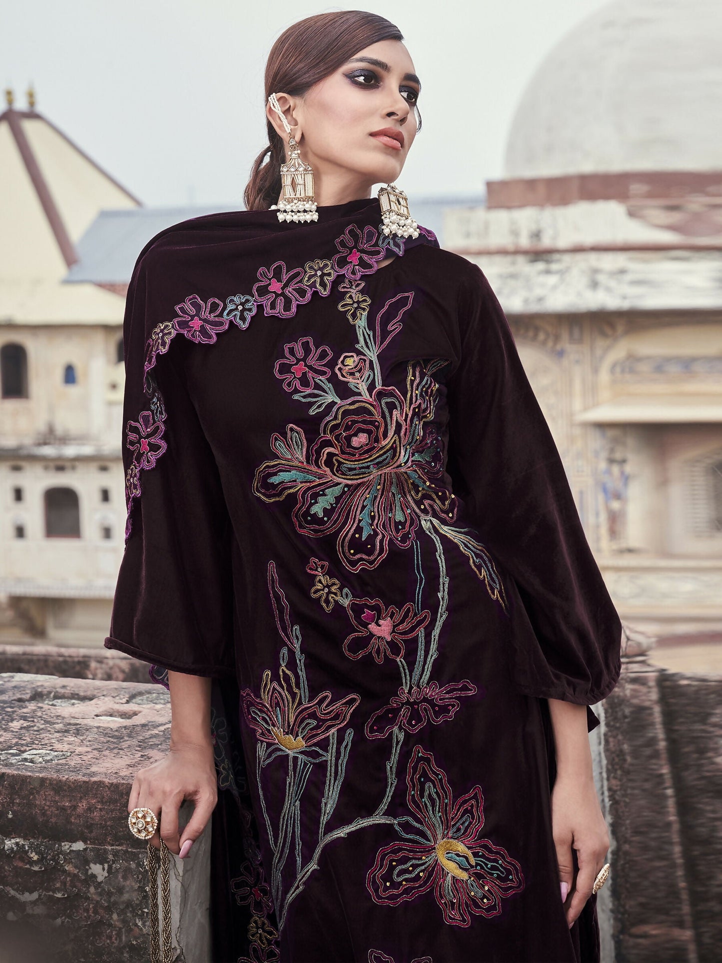 Jyoti Fashion Women's Wine Velvet Resham Thread with Jari & Sequin Kurta with Trouser & Dupatta | Swadesiicart