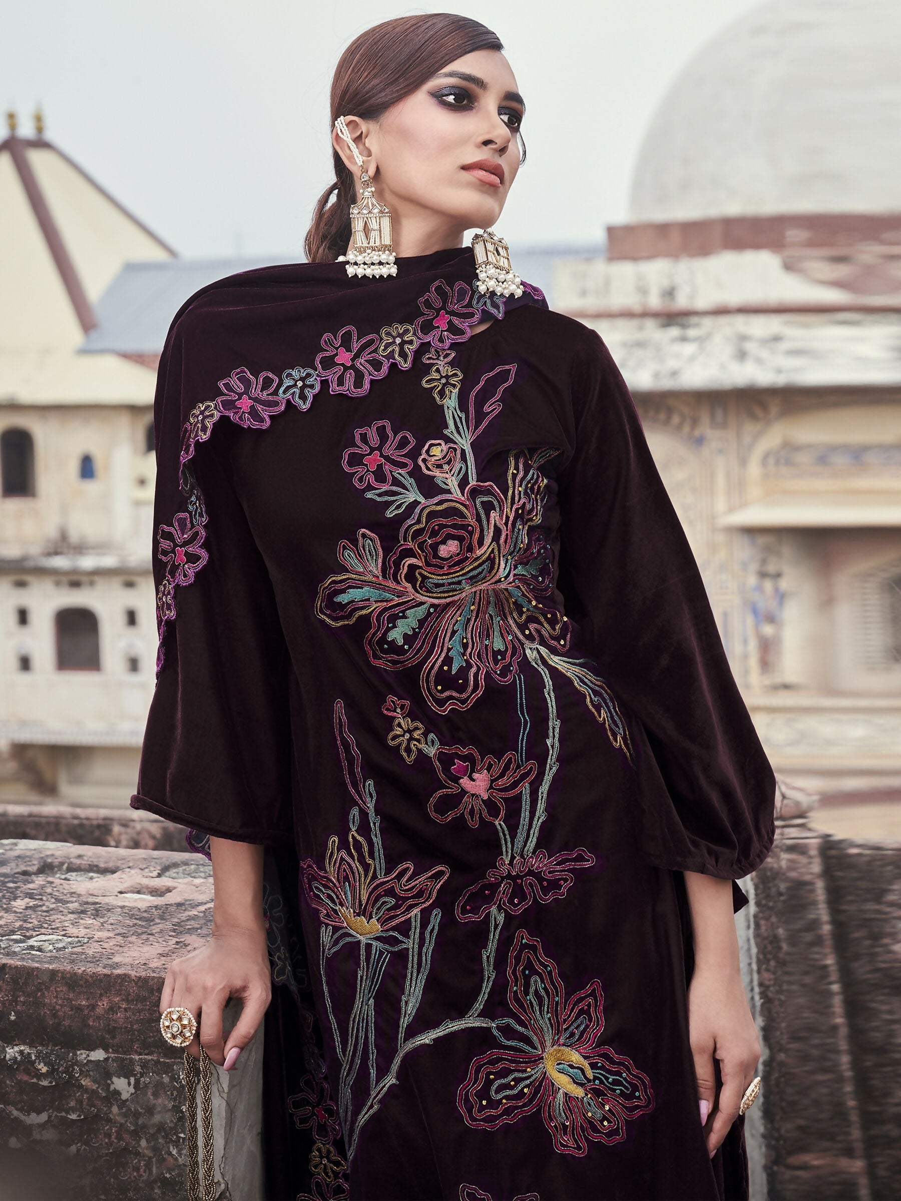 Jyoti Fashion Women's Wine Velvet Resham Thread with Jari & Sequin Kurta with Trouser & Dupatta | Swadesiicart