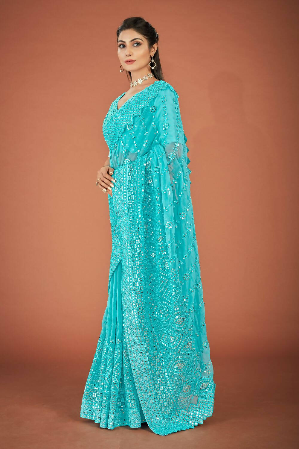 Vamsee Sky Blue Georgette Designer Saree - Swadesiicart