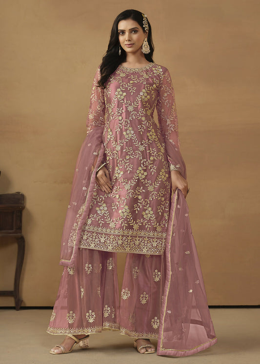Old Rose Net Embroidered Wedding Festive Gharara Suit - Emponline | Swadesiicart