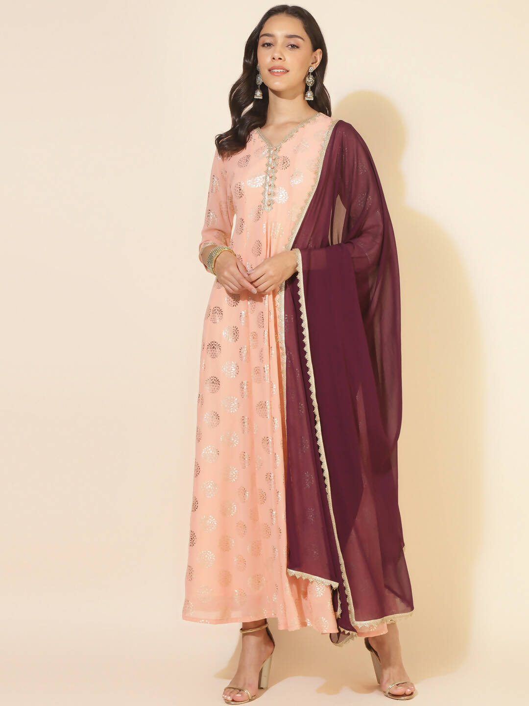 Janasya Women's Peach Georgette Foil Printed Festive Anarkali Kurta Set | Swadesiicart