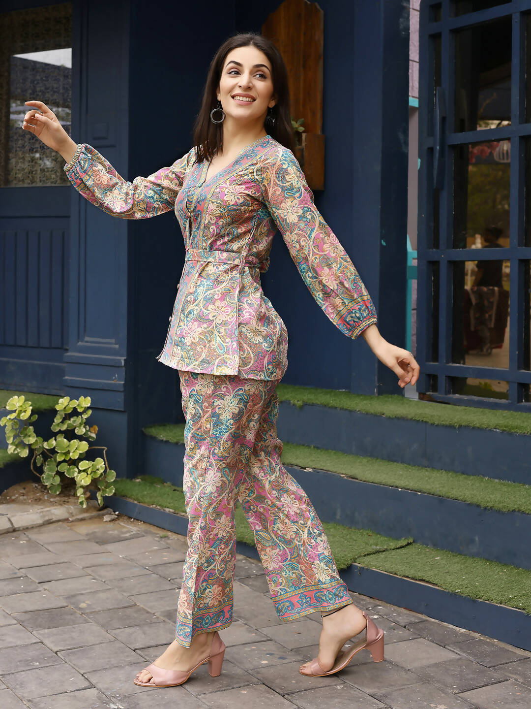 Pink Rayon Paisley & Floral Printed Top with Matching Bottom - Eesha - Swadesiicart