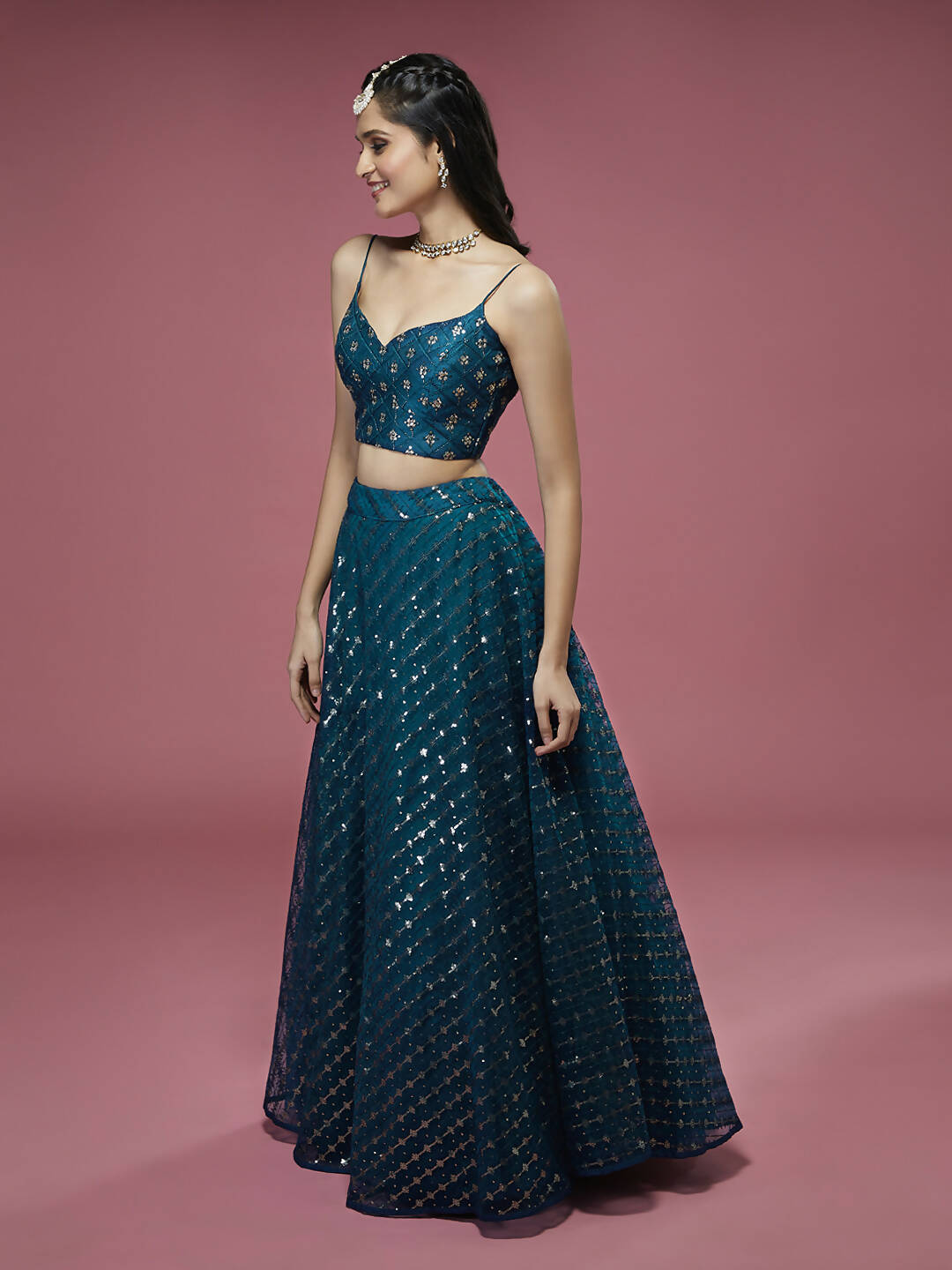 House of Panchhi Teal Net Sequinse Embroidered Lehenga & Blouse with Dupatta | Swadesiicart