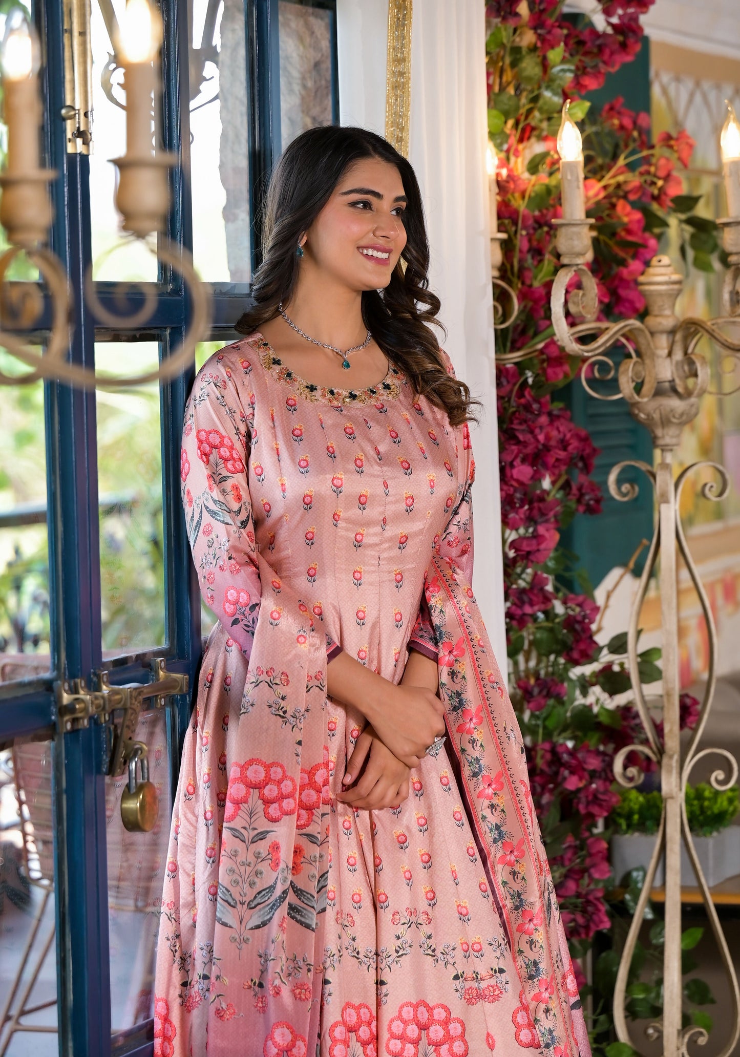 Partywear Designe rPeach Dola Silk Anarkali suit with Dupatta - Samyukta - Swadesiicart