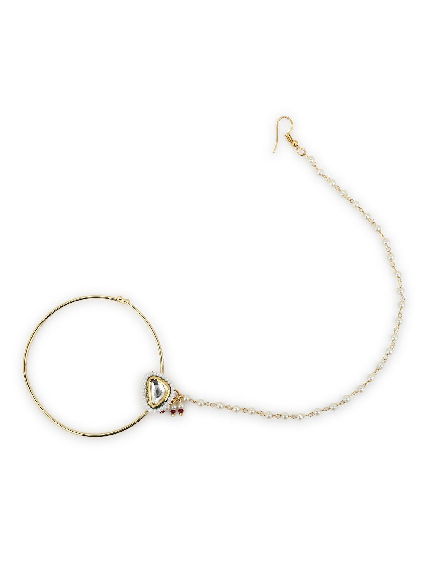 Gold-Polished White Kundan Studded Nose Pin With Beaded Extension - Ruby Raang | Swadesiicart