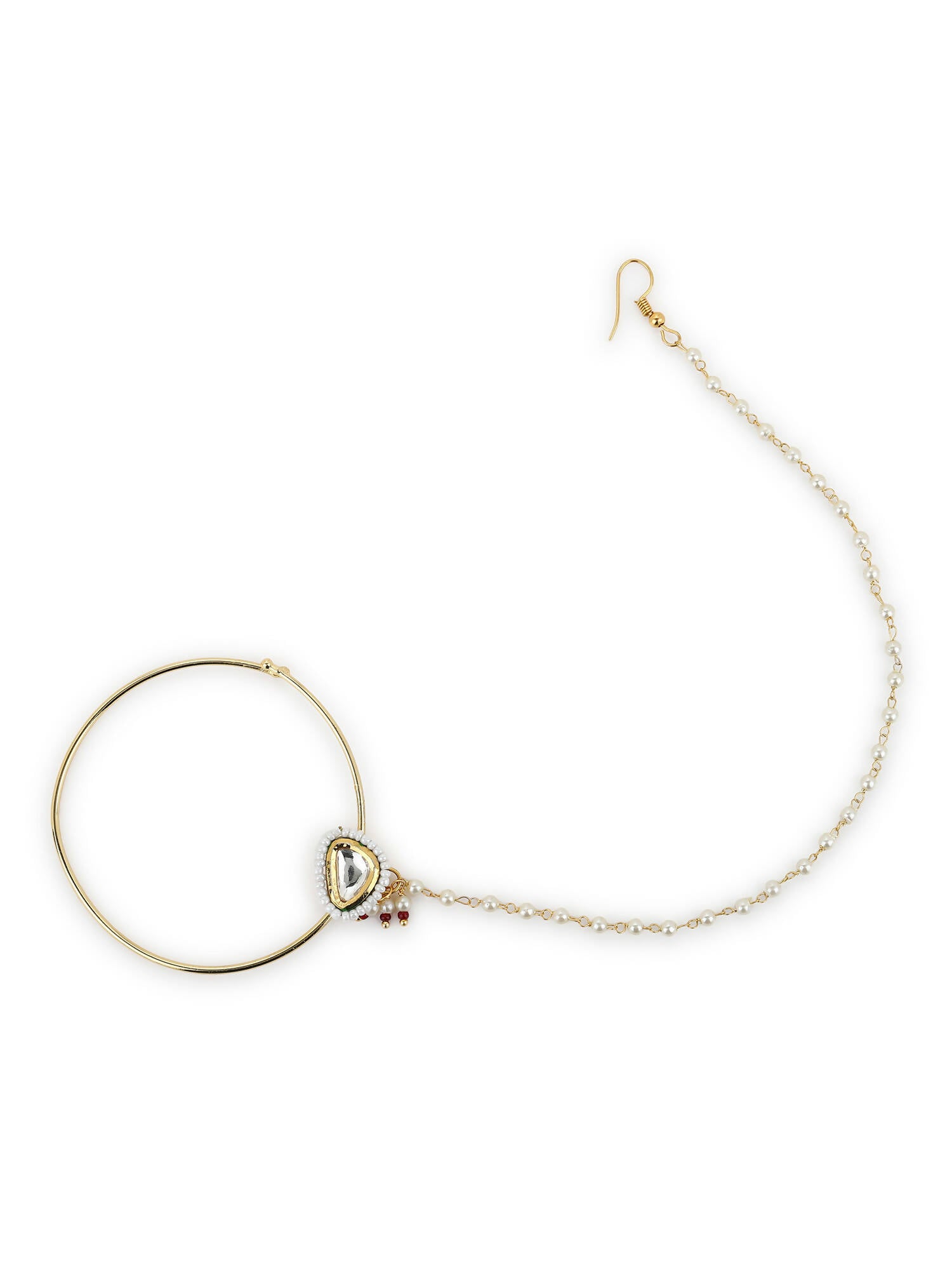 Gold-Polished White Kundan Studded Nose Pin With Beaded Extension - Ruby Raang | Swadesiicart