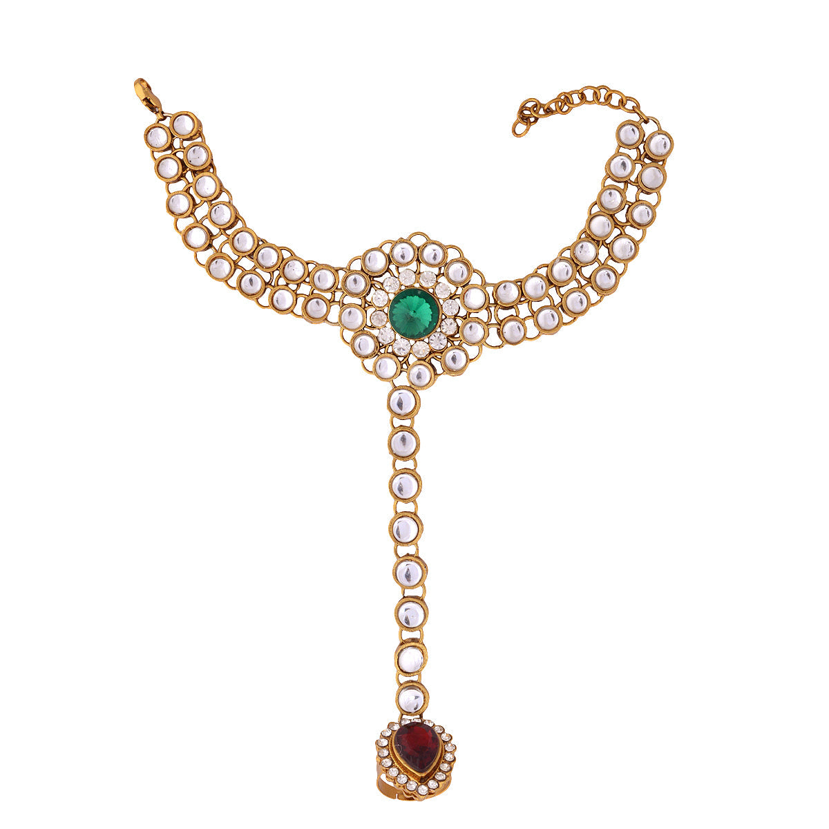 Gold-Polished Alloy Kundan Studded Hand Harness Bracelet - The Pari - Swadesiicart