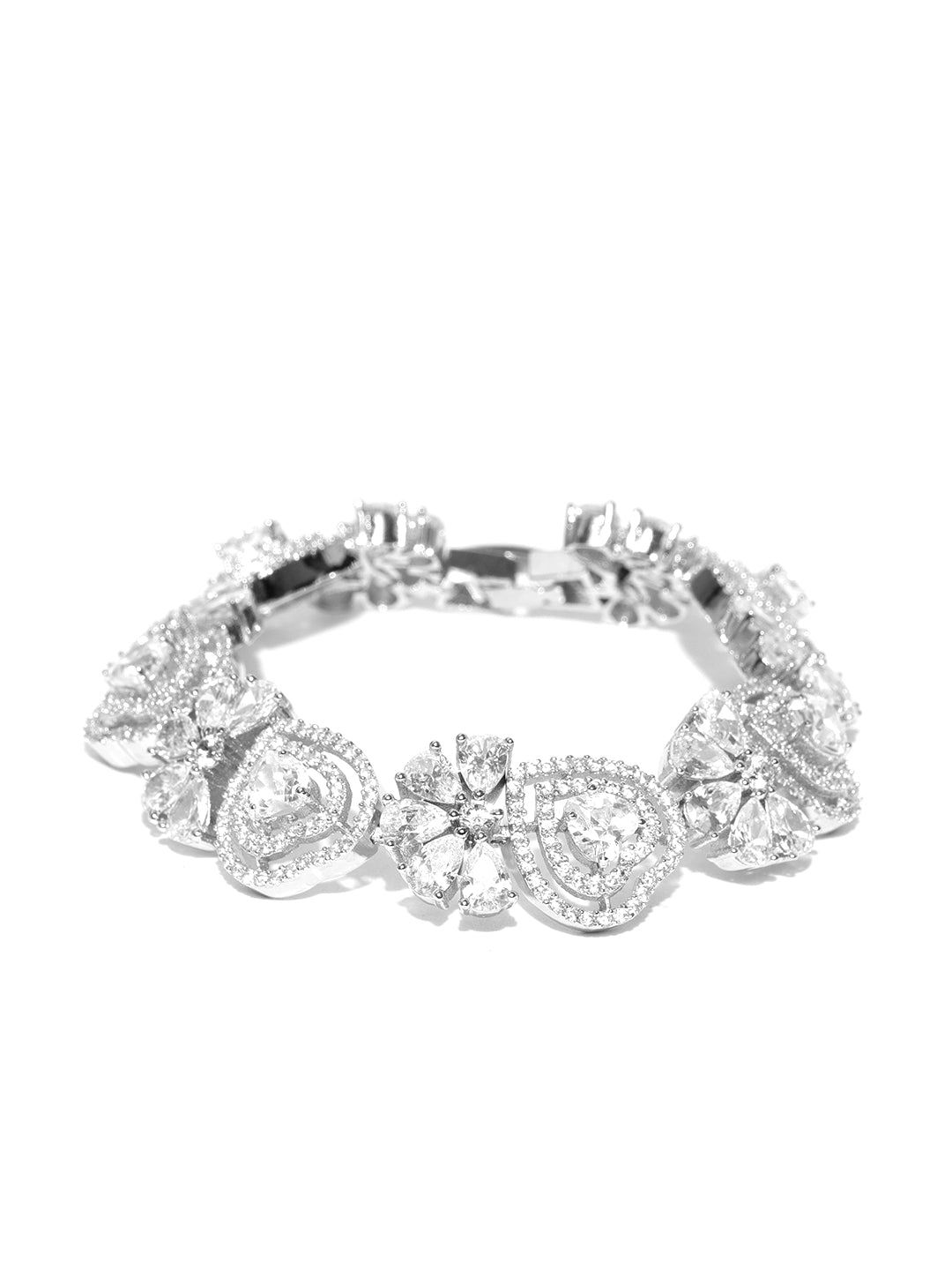 Priyaasi Women Silver-Plated American Diamond Studded Link Bracelet in Heart Pattern - Swadesiicart