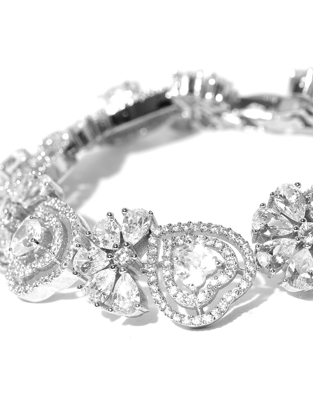 Priyaasi Women Silver-Plated American Diamond Studded Link Bracelet in Heart Pattern - Swadesiicart