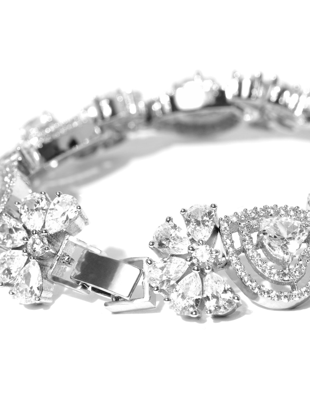 Priyaasi Women Silver-Plated American Diamond Studded Link Bracelet in Heart Pattern - Swadesiicart