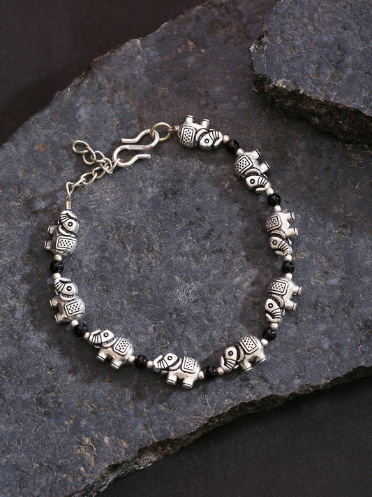 Priyaasi Women Antique Oxidised Silver-Toned Elephant Inspired Adjustable Chain Bracelet - Noz2Toz