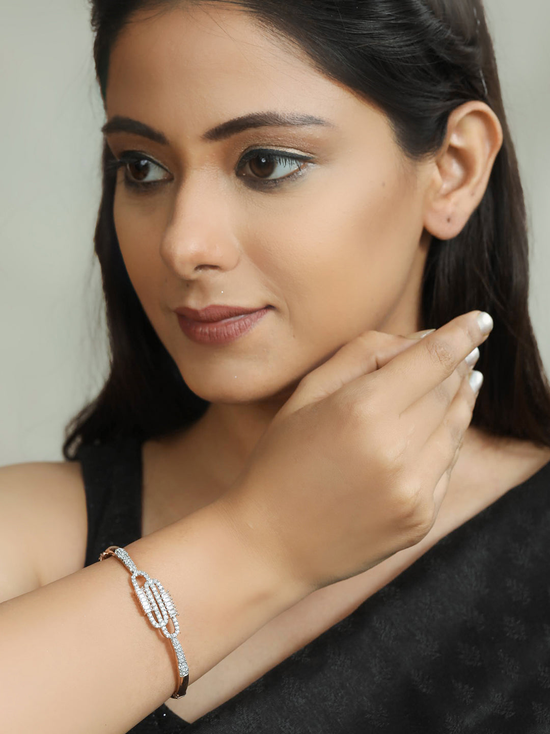 Priyaasi Women American Diamond Rose Gold-Polished Bangle Style Bracelet - Swadesiicart