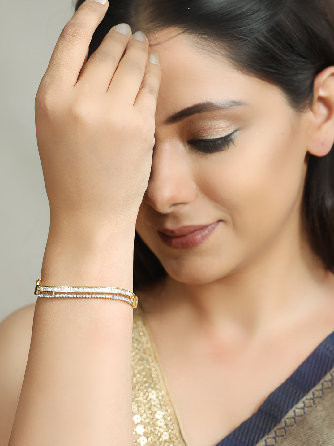 Priyaasi Women American Diamond Gold-Polished Bangle Style Bracelet - Swadesiicart