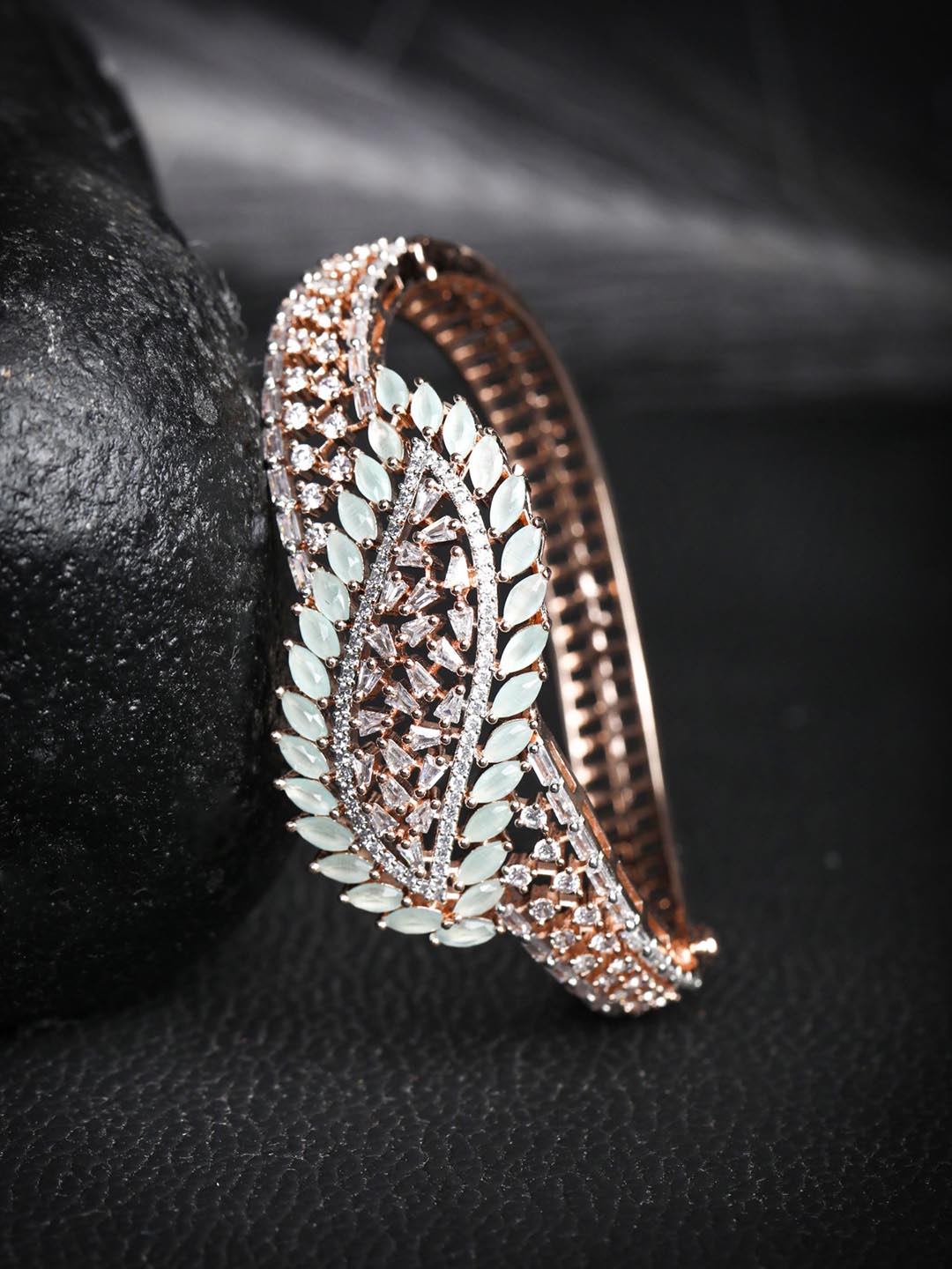 Priyaasi Women American Diamond Rose Gold-Polished Leaf Bangle Style Bracelet - Noz2Toz