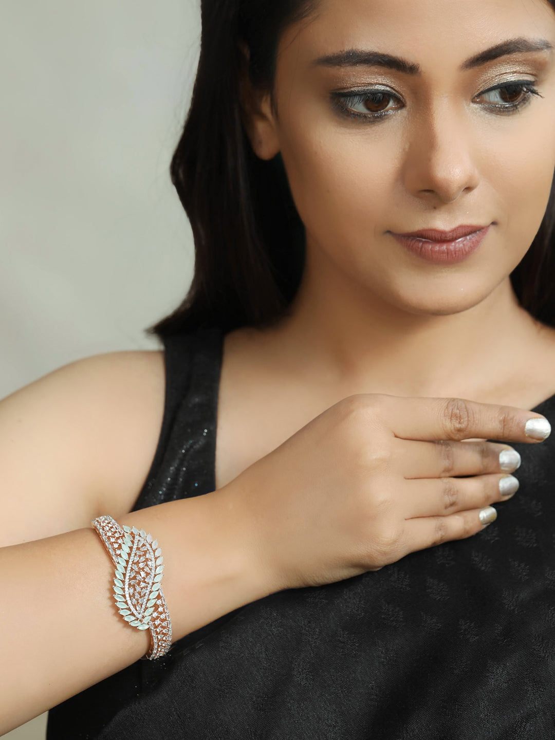 Priyaasi Women American Diamond Rose Gold-Polished Leaf Bangle Style Bracelet - Swadesiicart