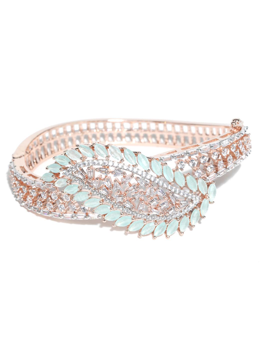 Priyaasi Women American Diamond Rose Gold-Polished Leaf Bangle Style Bracelet - Swadesiicart