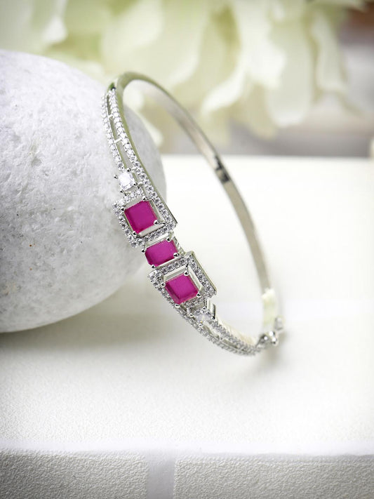 Priyaasi Women Magenta American Diamond Silver Plated Floral Bangle Style Bracelet - Noz2Toz