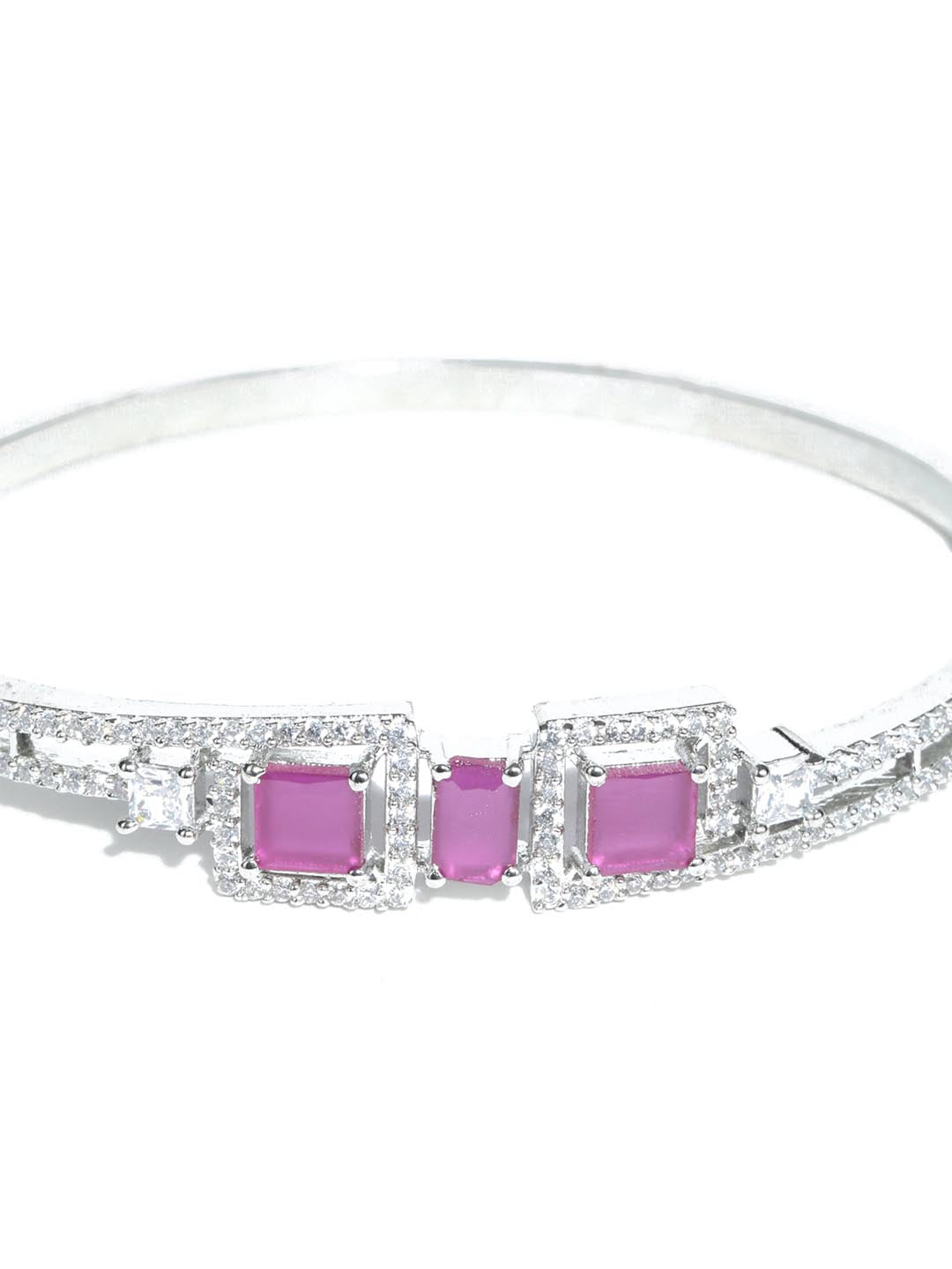 Priyaasi Women Magenta American Diamond Silver Plated Floral Bangle Style Bracelet - Swadesiicart