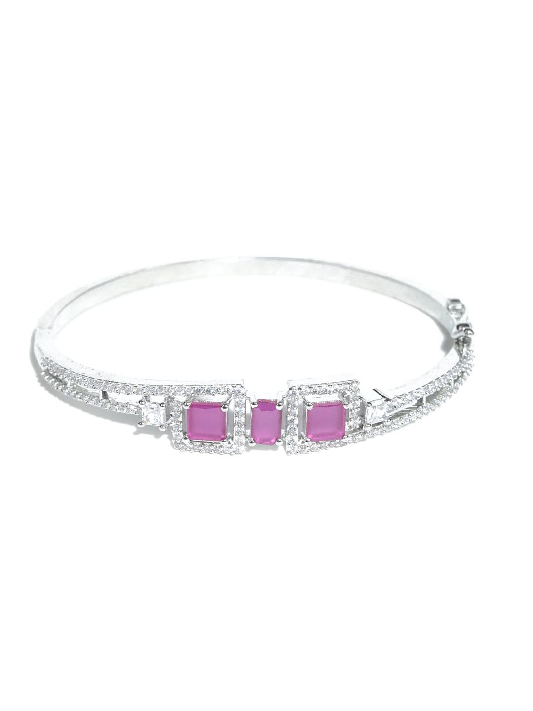Priyaasi Women Magenta American Diamond Silver Plated Floral Bangle Style Bracelet - Swadesiicart