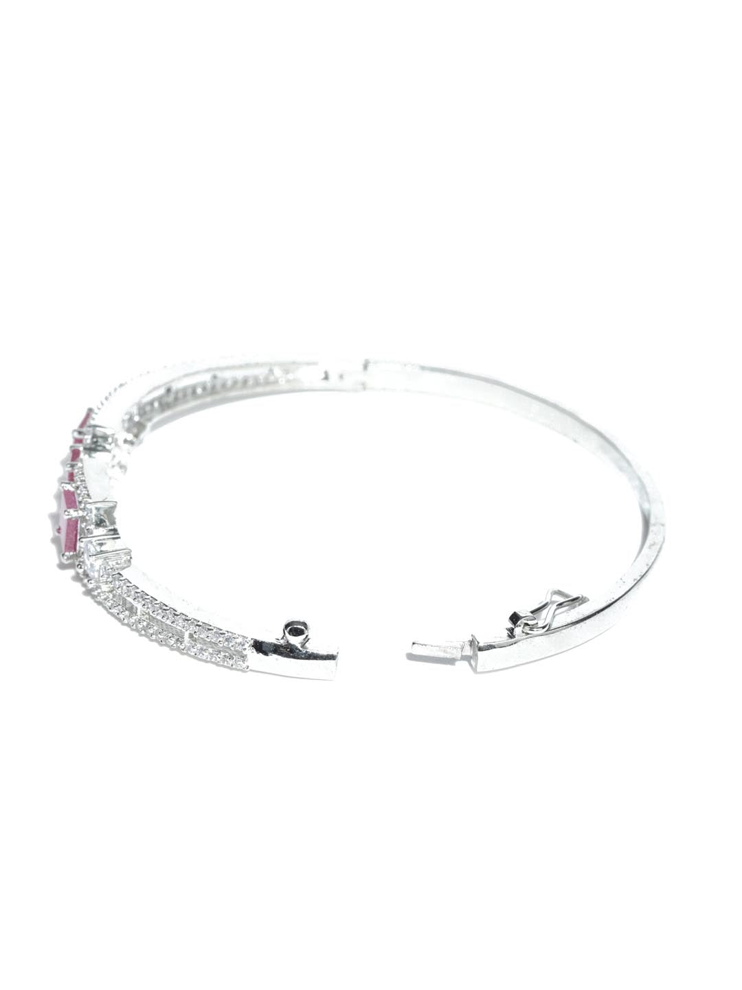 Priyaasi Women Magenta American Diamond Silver Plated Floral Bangle Style Bracelet - Swadesiicart