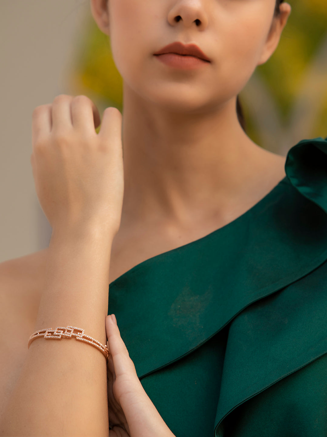 Priyaasi Women Studded Blocks-American Diamond Rose Gold Geometric Bracelet - Swadesiicart