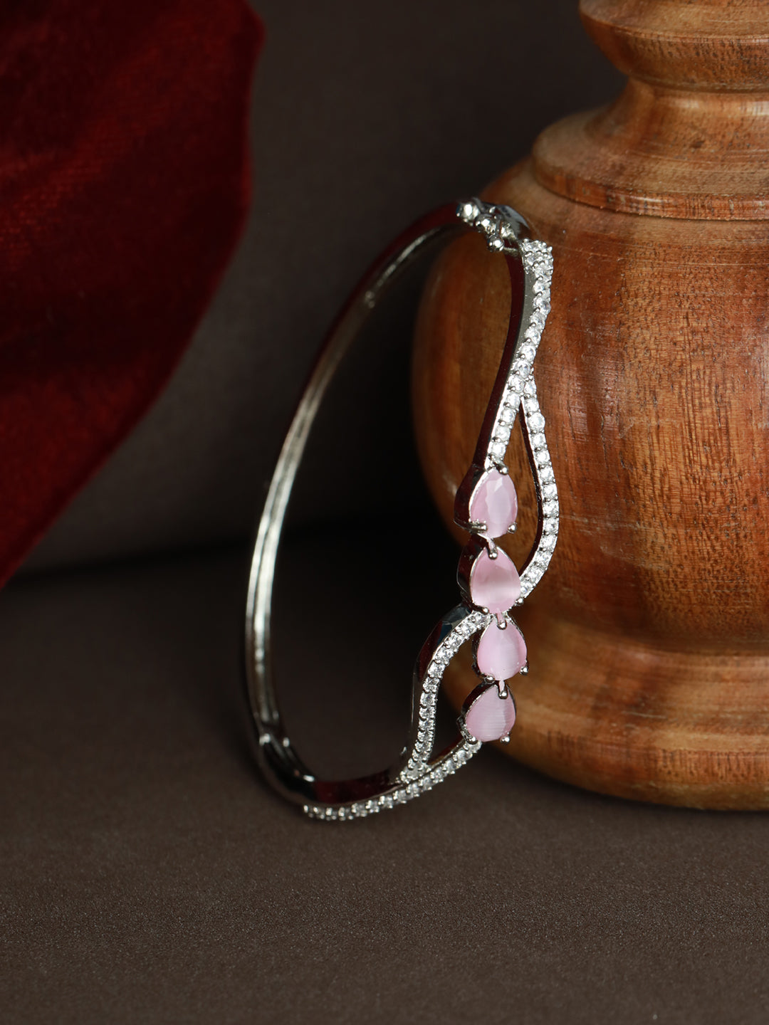 Priyaasi Women Pink Leaf American Diamond Silver Plated Bracelet - Noz2Toz