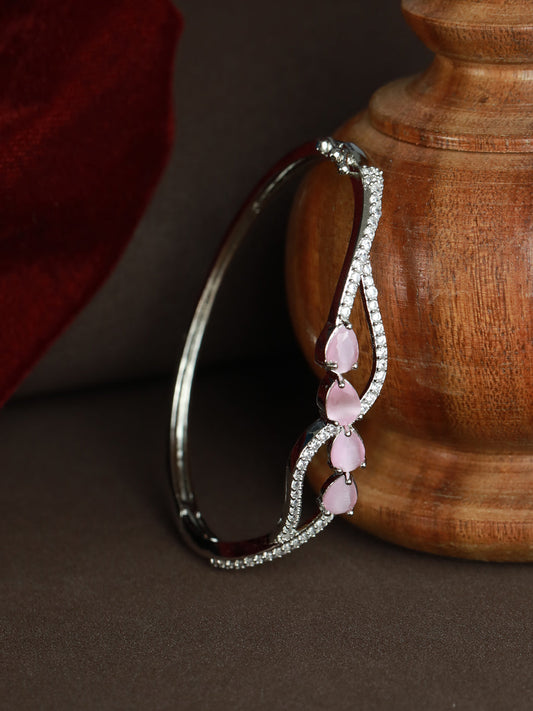 Priyaasi Women Pink Leaf American Diamond Silver Plated Bracelet - Noz2Toz