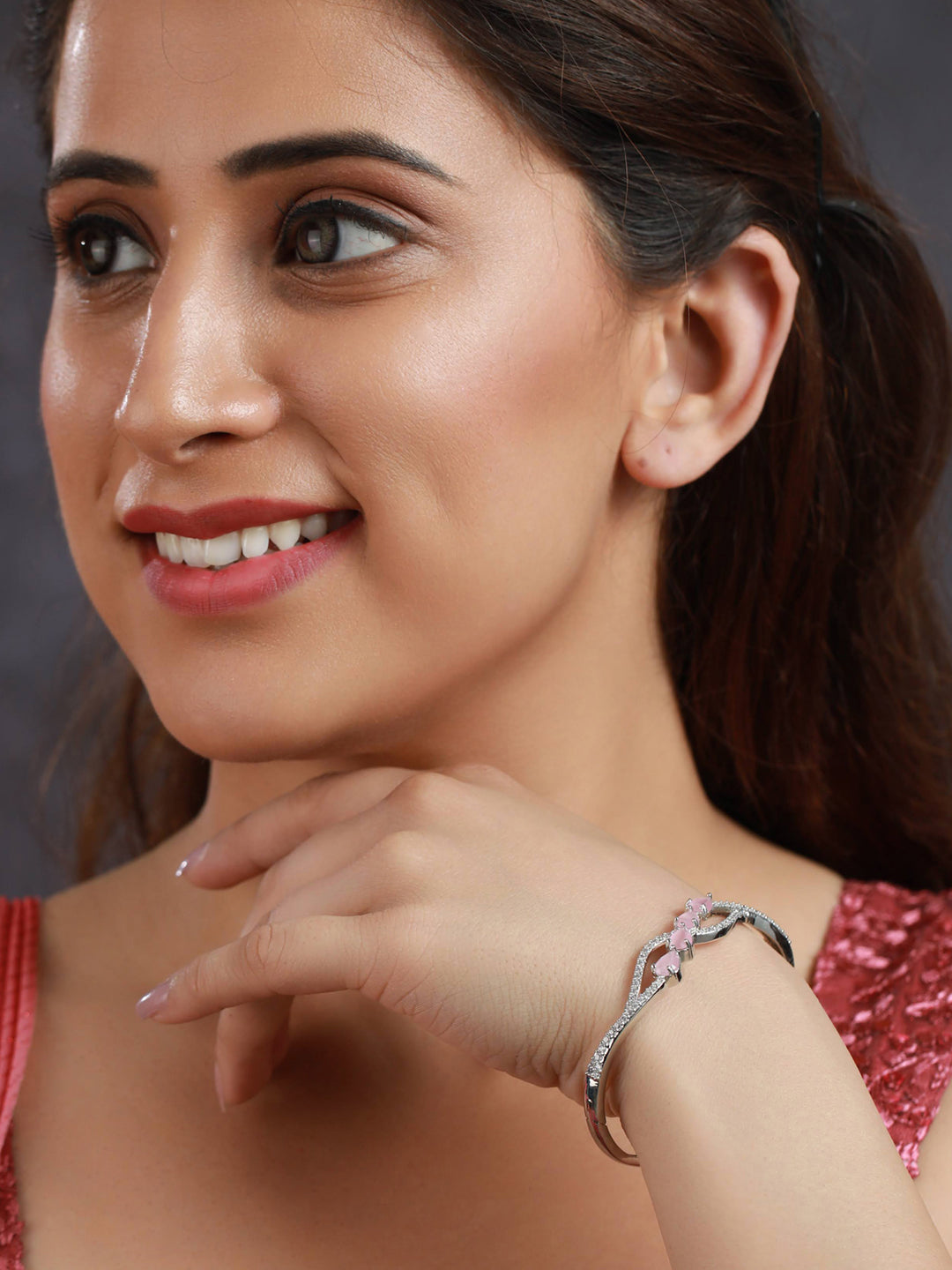 Priyaasi Women Pink Leaf American Diamond Silver Plated Bracelet - Swadesiicart