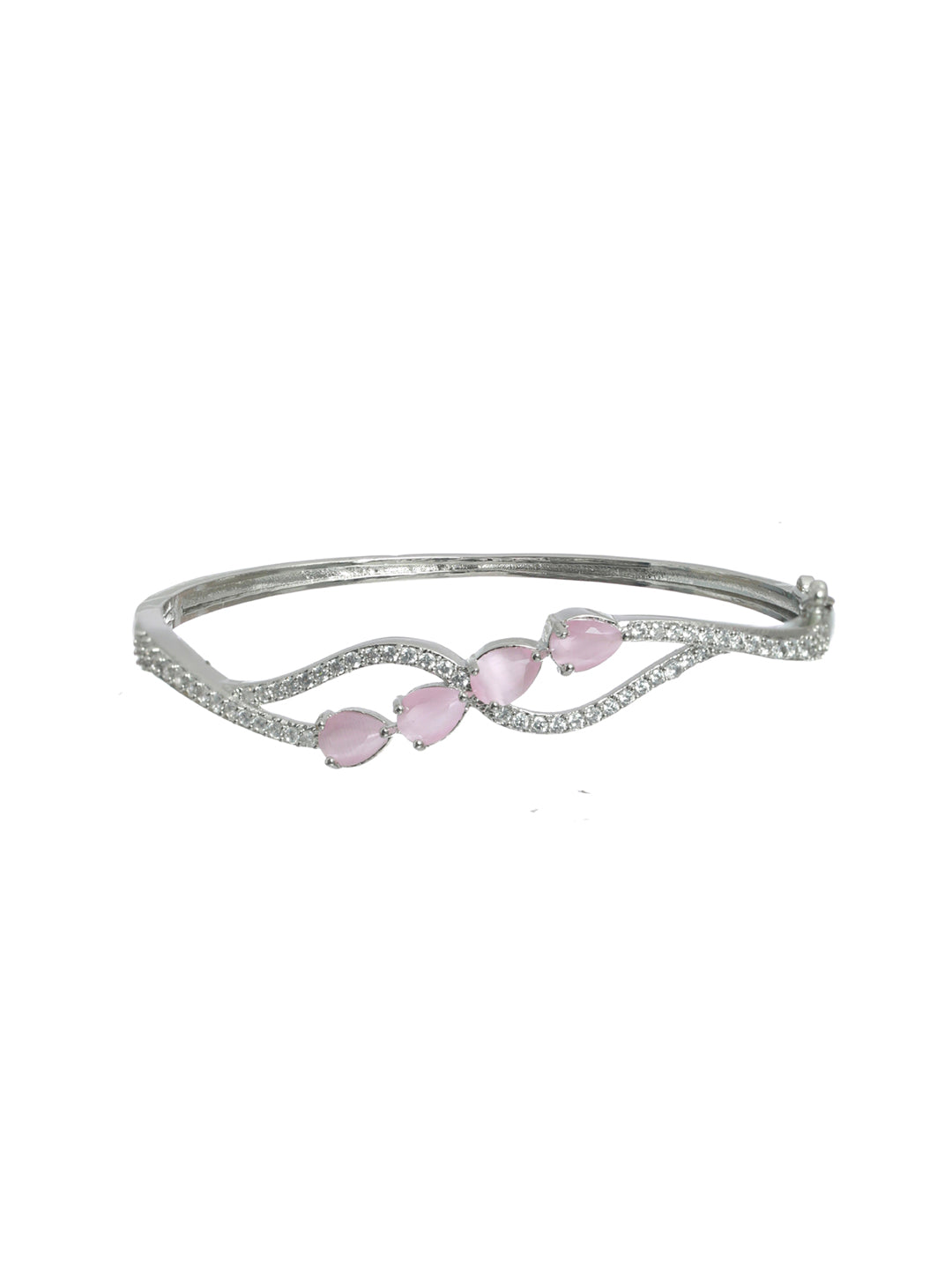 Priyaasi Women Pink Leaf American Diamond Silver Plated Bracelet - Swadesiicart