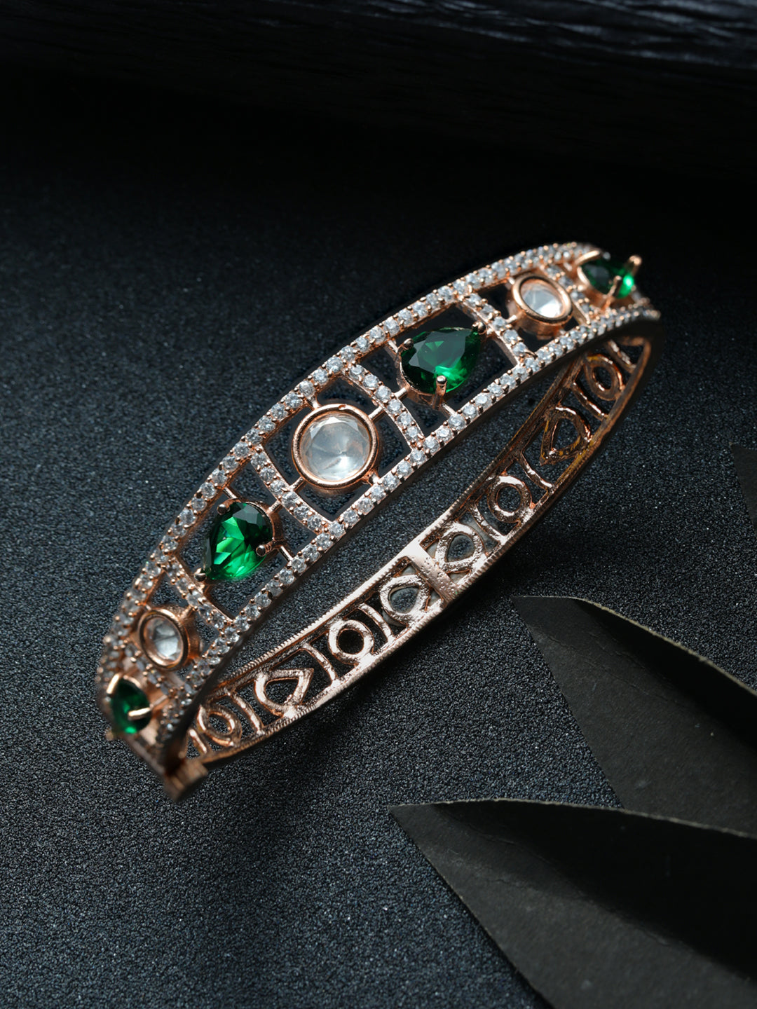Priyaasi Women Green Teardrop AD Studded Rose Gold-Polished Bracelet - Noz2Toz