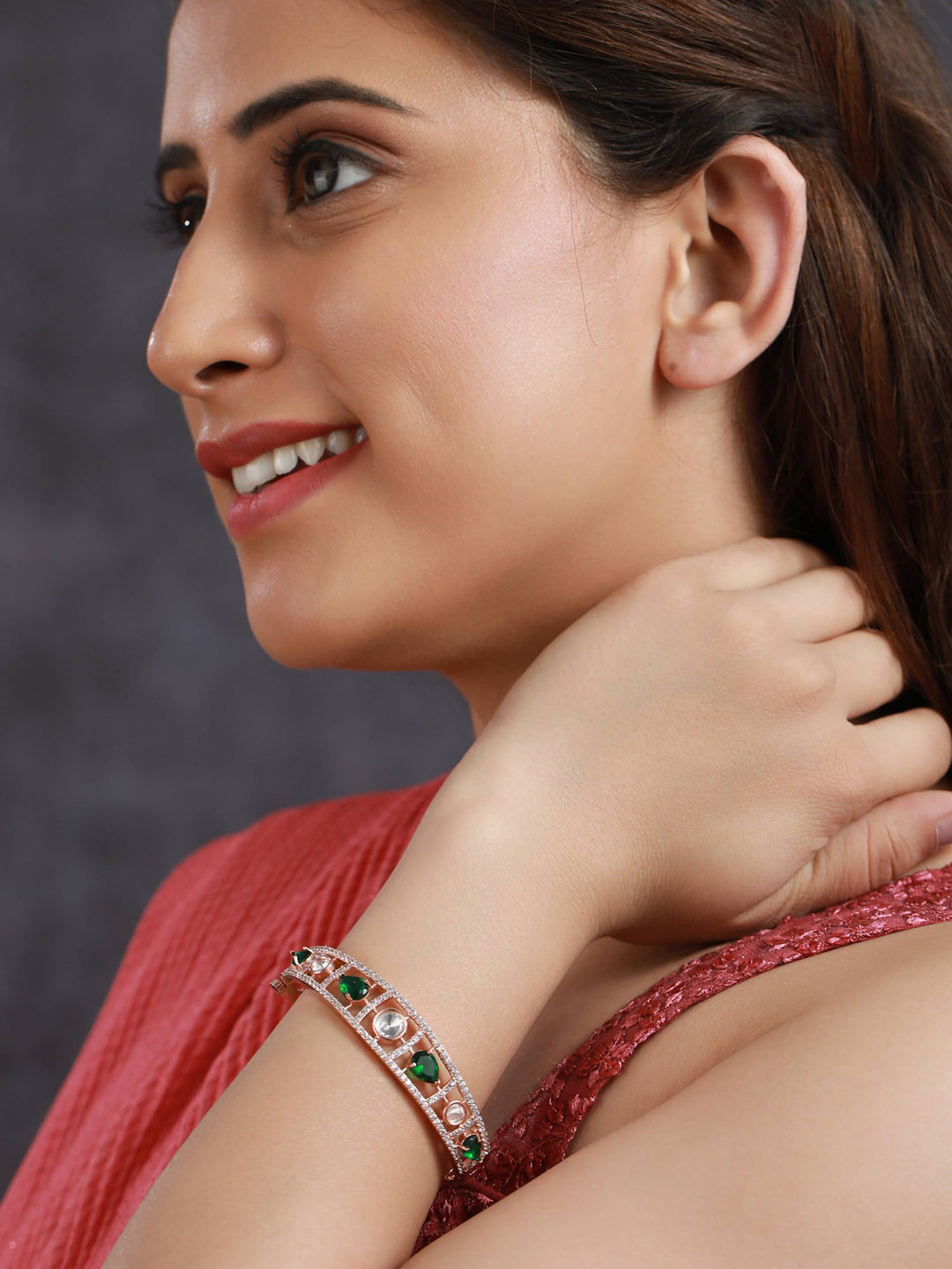 Priyaasi Women Green Teardrop AD Studded Rose Gold-Polished Bracelet - Swadesiicart