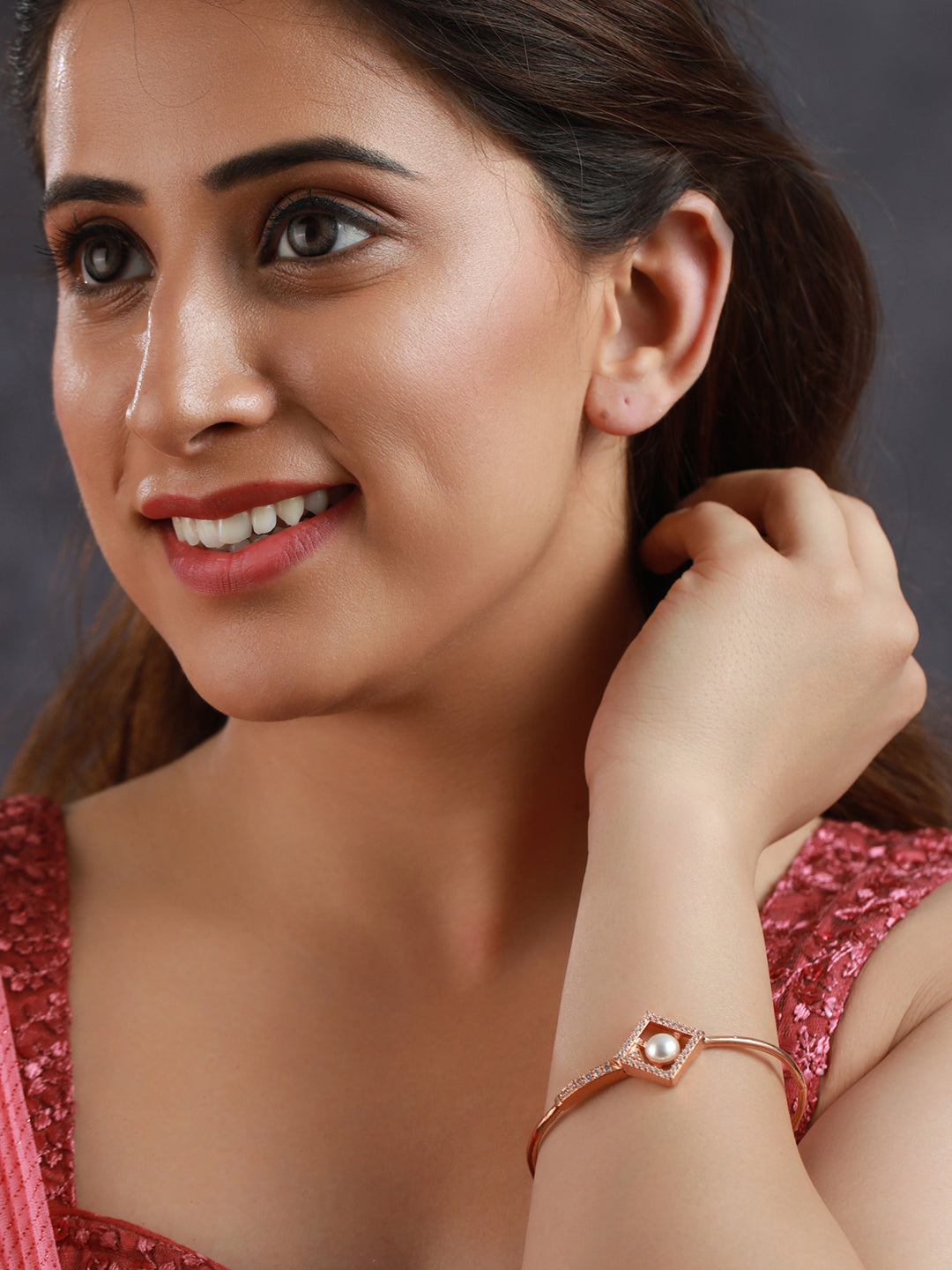 Priyaasi Women Geometric Studded Pearl Rose Gold-Polished Bracelet - Swadesiicart