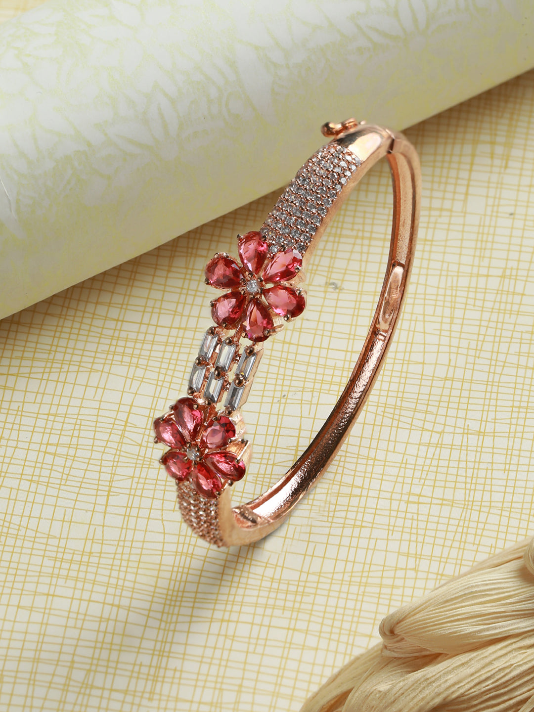 Priyaasi Women Pink American Diamond Rose Gold Bracelet - Swadesiicart