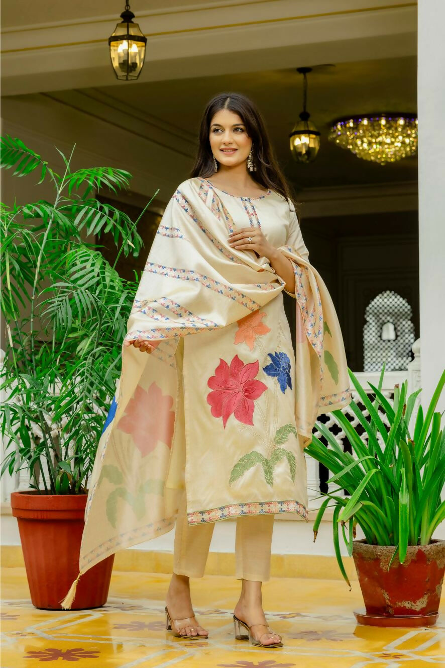 The52 Chiku Women's Beautiful Thread Work Viscose Assam Silk Fabric with Straight Kurta, Pant and Dupatta Set - Swadesiicart