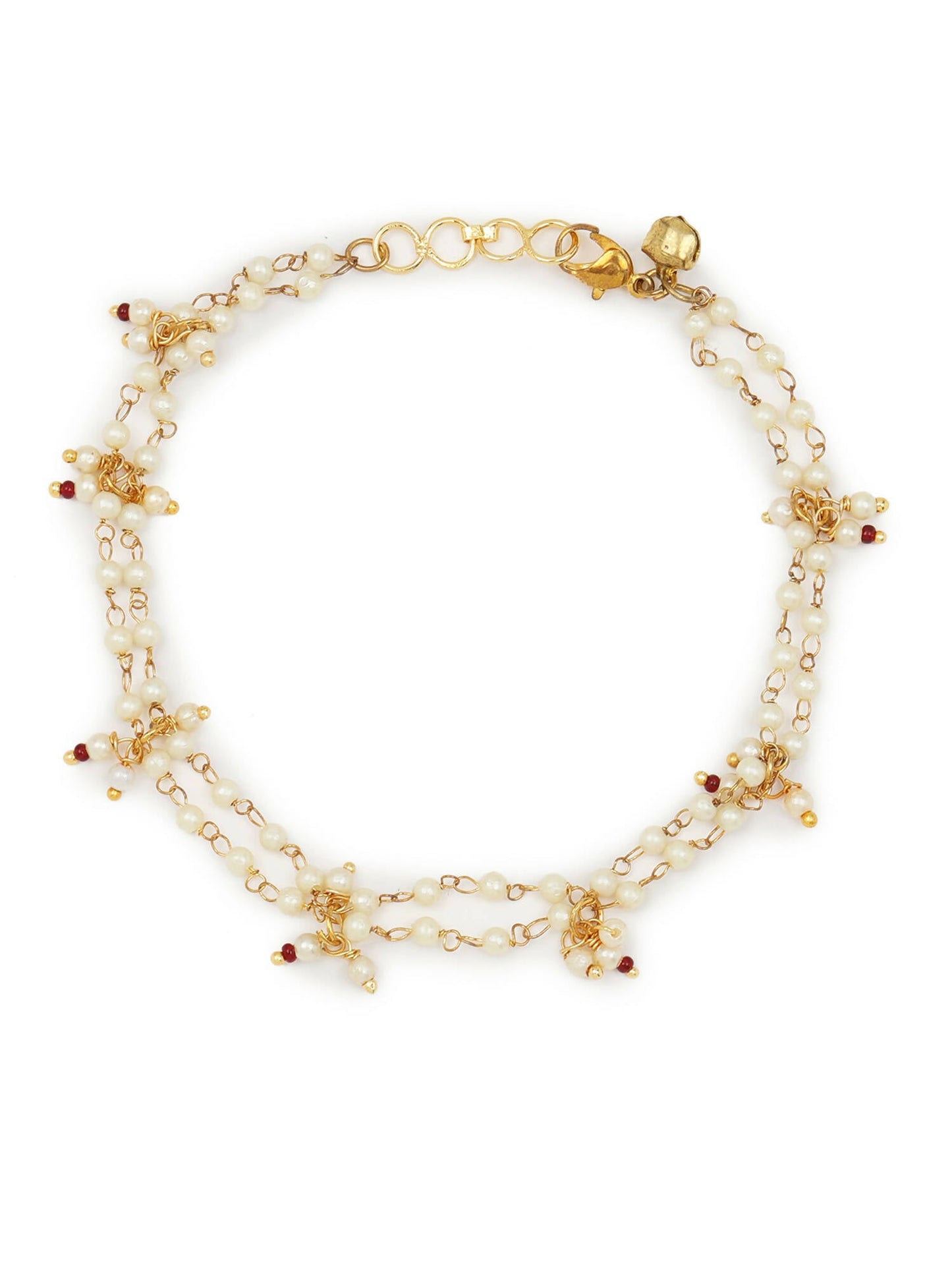 Gold-Polished White Kundan Studded Beaded Anklet - Ruby Raang | Swadesiicart