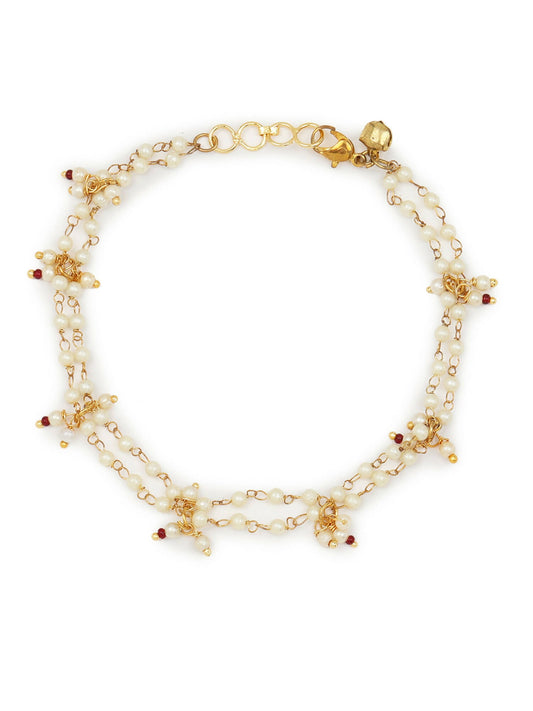 Gold-Polished White Kundan Studded Beaded Anklet - Ruby Raang | Swadesiicart