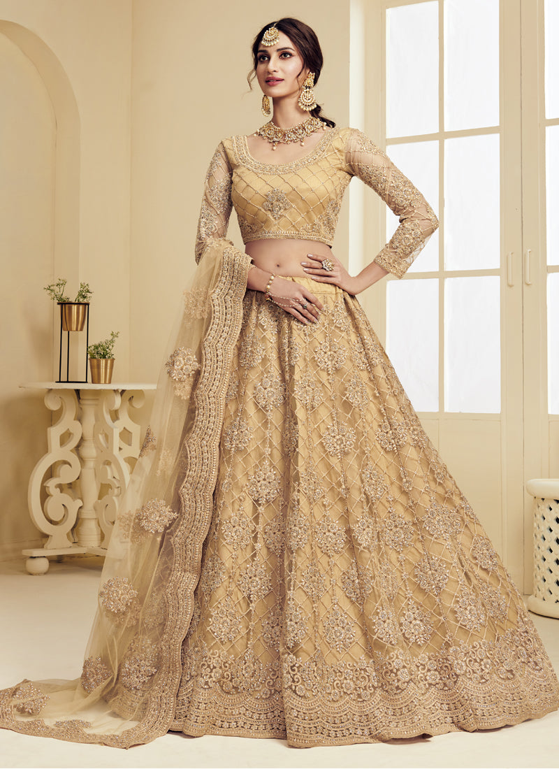 Vegaa Fashion Beige Net Embroidered Wedding Lehenga - Swadesiicart